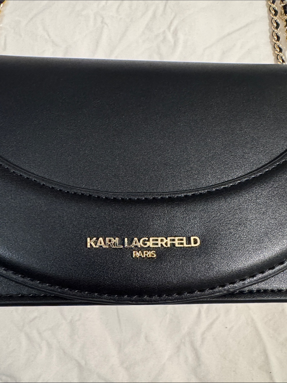 Karl Lagerfeld Black Leather Shoulder Bag with Gold Chain and Pearl Accents - Picture 2 of 10